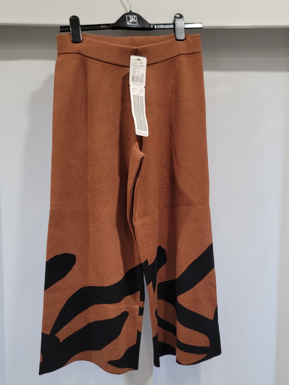 Joseph Ribkoff Rust Brown Knit Wide-Leg Pants with Black Abstract Hem